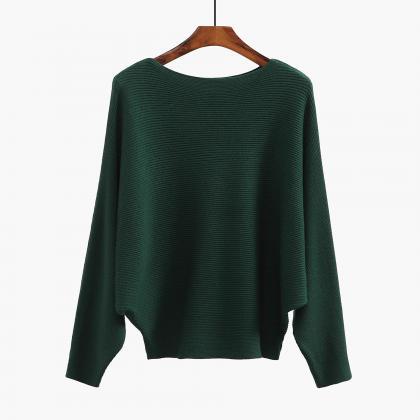 Knitted Bateau Neck Long Bat Sleeves Sweater