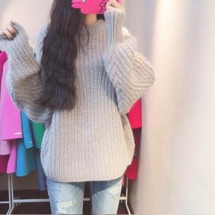 Thick Knit Crew Neck Bat Sleeves Oversized Sweater