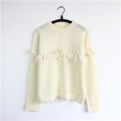 Women Fashion Hollow Fringed Bow Short Pullover..