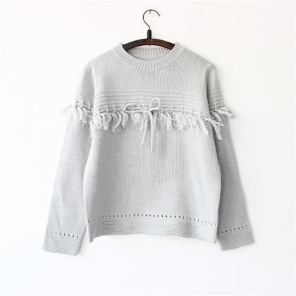 Women Fashion Hollow Fringed Bow Short Pullover..