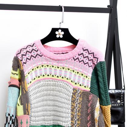 Women Fashion Twist Color Stitching Loose Pullover..