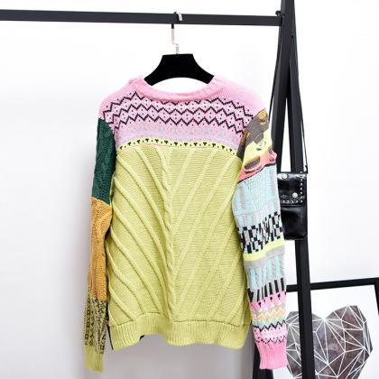 Women Fashion Twist Color Stitching Loose Pullover..