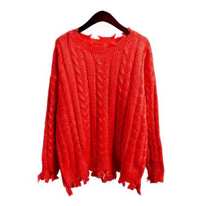 Round Neck Cable Knitted Sweater With Irregularly..