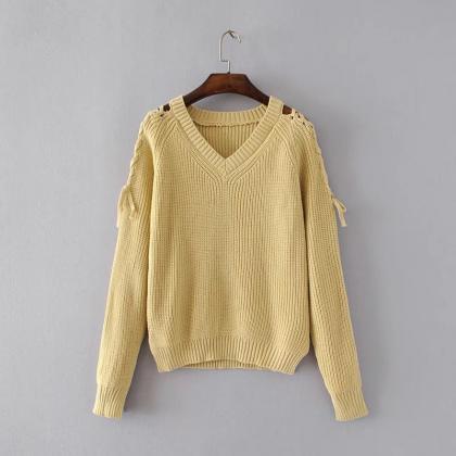 Knitted Plunge V Lace-up Sleeved Sweater