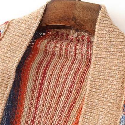 Women Fashion Casual Stripe Tassel Knitted Loose..