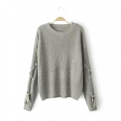 Lace-up Sleeves Knitted Sweater Featuring Crew..
