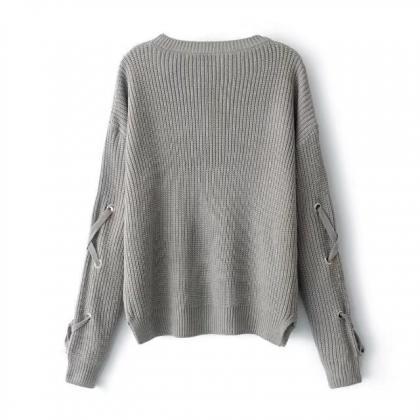 Lace-up Sleeves Knitted Sweater Featuring Crew..