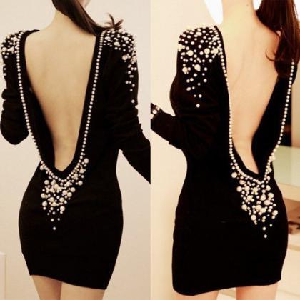 Black Sexy Backless Plastic Pearl Beaded Dress