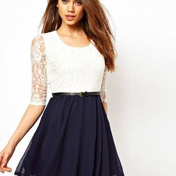White Sleeve Waist Lace Chiffon Dress