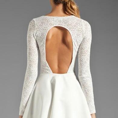 White Lace Fashion Sexy Back Halter Long Sleeved..