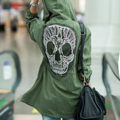 Army Green Lace Skull Detail Back Military Coat..