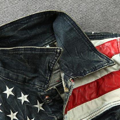 Mens Fashion American Flag Pattern Denim Coat..