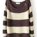Coffee Shoulder Zip Classic Color Matching Striped..