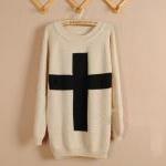 Beige Cross Pullover Long Sleeve Sweater