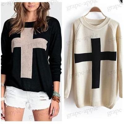 Beige Cross Pullover Long Sleeve Sweater