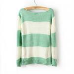 Green White Striped Pullover Long Sleeve Sweater