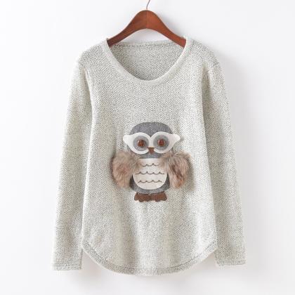 Owl Stickers Round Neck Long Sleeve Loose Knit..