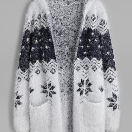 Color Block Snowflake Pattern Fuzzy Hooded Sweater..