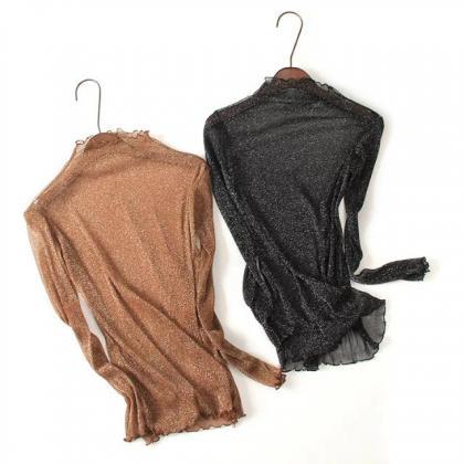 Glittery Mesh Long-sleeved Top With Curly Hem And..