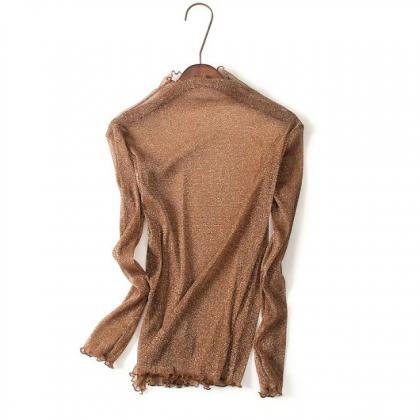 Glittery Mesh Long-sleeved Top With Curly Hem And..