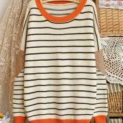 Beige Striped Contrast Leather Sweater