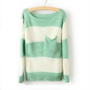 Green White Striped Pullover Long Sleeve Sweater S