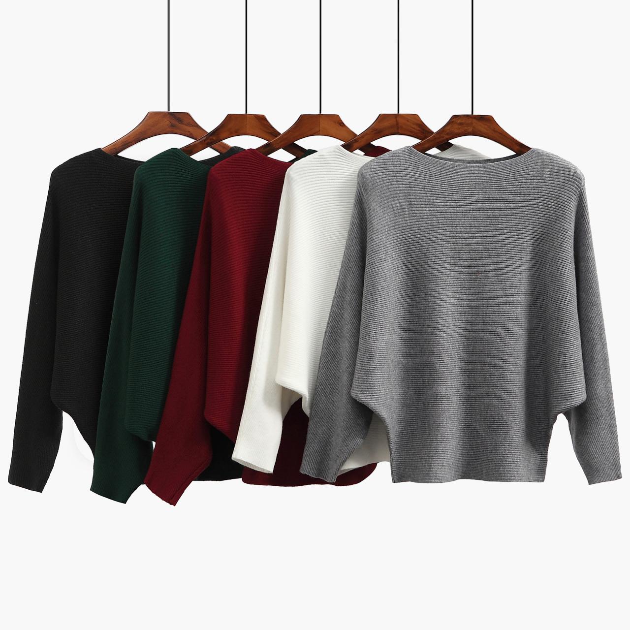 Knitted Bateau Neck Long Bat Sleeves Sweater