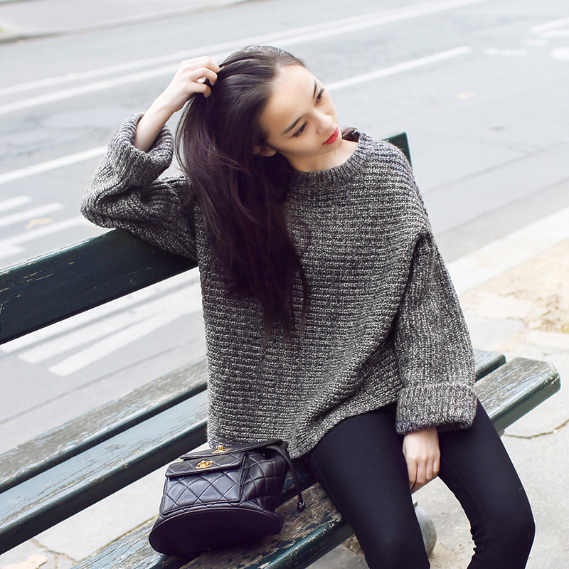 Grey Crew Neck Knitted Sweater Featuring Long Bat Sleeves