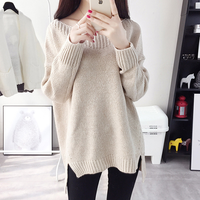 Korean Fashion Loose Round Neck Solid Color Long Aleeved Bottoming Knitting Irregular Sweater
