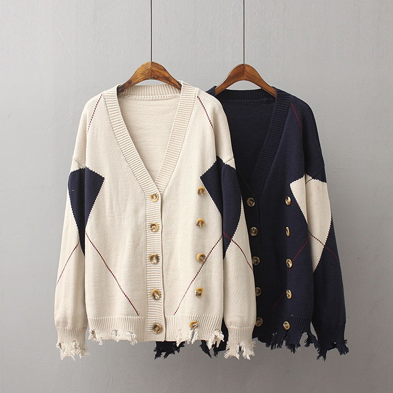 Women Fashion Geometric Color Hole Double Breasted Knit Cardigan Sweater Coat