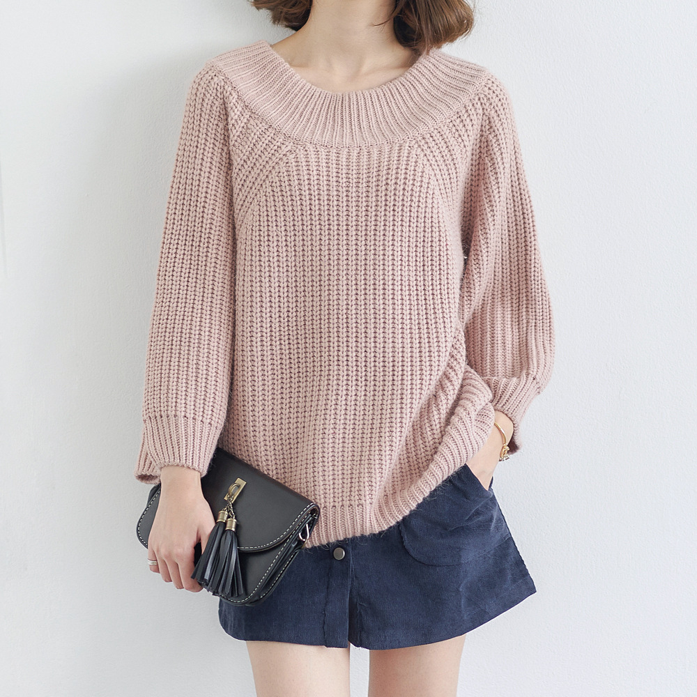 Women Fashion Solid Color Raglan Sleeved Loose Pullover Knitting Sweater