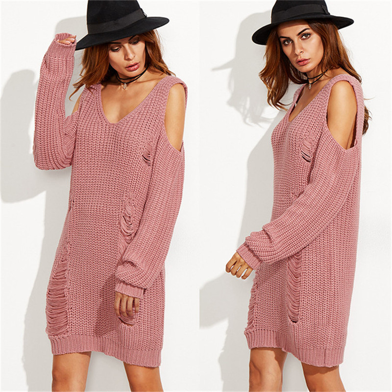 Cable Knitted Plunge V Cold Shoulder Long Sleeves Short Sweater Dress Featuring Distressing Detailing