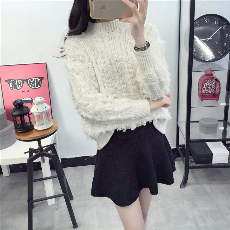 Women Fashion Loose Fur Tassel Knitting Pullover Short Sweater Coat