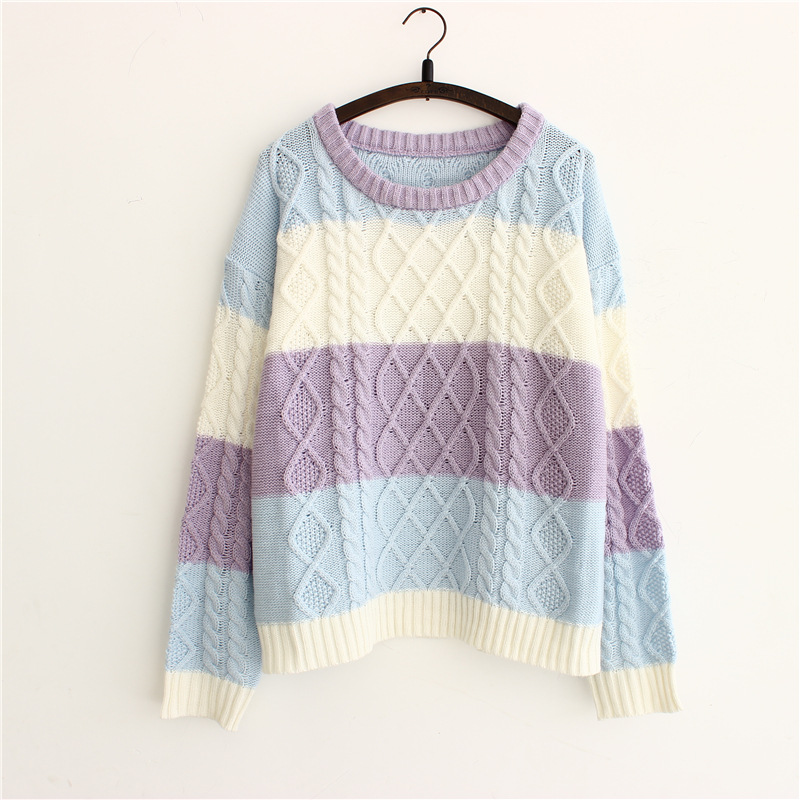 Women Fahshion Colorful Striped Twist Round Neck Small Fresh Loose Sweater