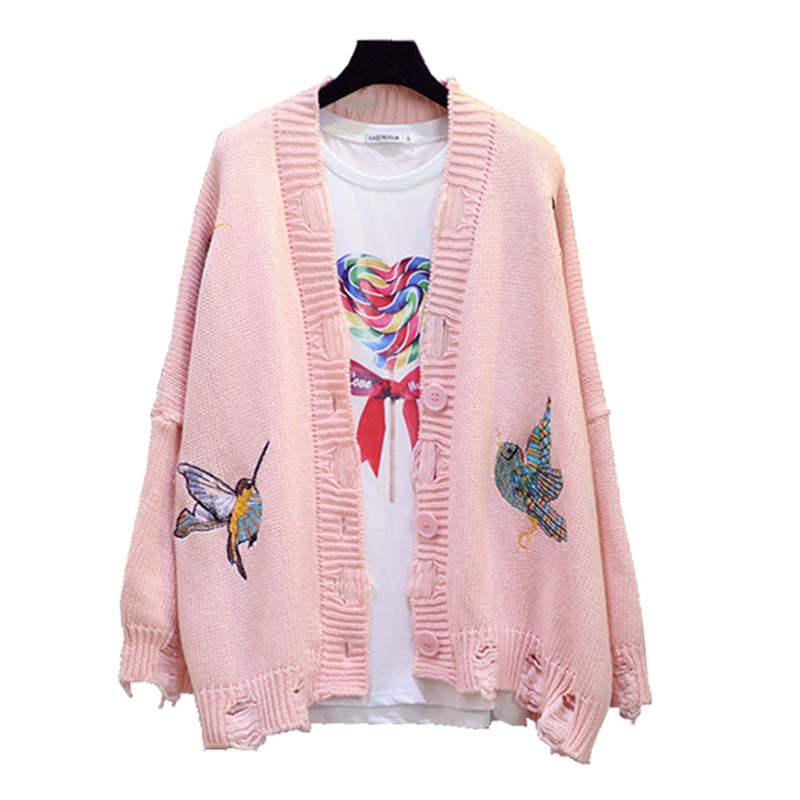 Women V Neck Hole Colorful Embroidery Phoenix Bird Loose Knitted Cardigan Sweater Coat