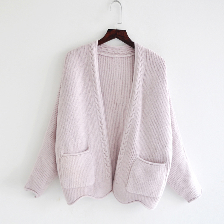 Women Loose Twist Placket Knitted Short Solid Color Sweater Coat Cardigan
