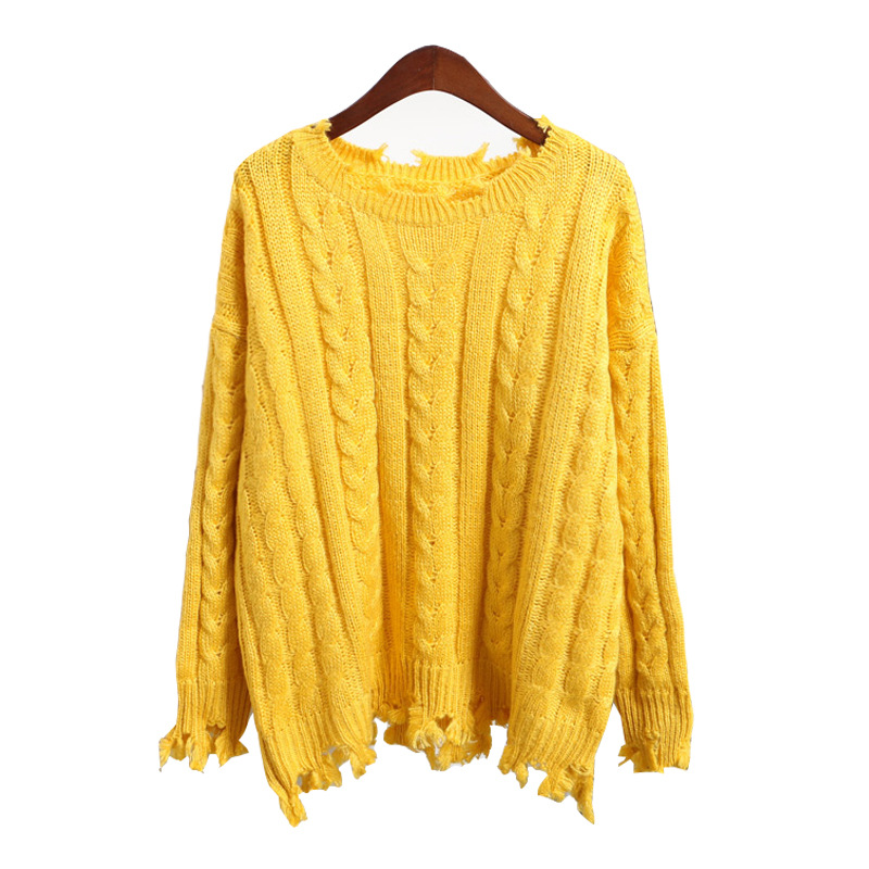 Round Neck Cable Knitted Sweater With Irregularly Ripped Hem