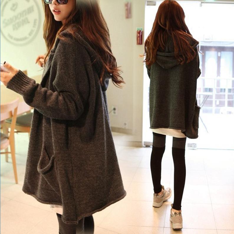 Women Korean Fashion Loose Long Sleeve Bat Sleeve Hooded Cardigan Sweater Coat