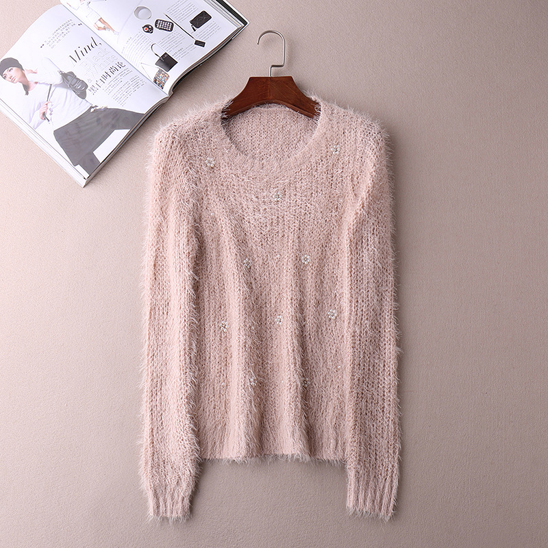 Women Fashion Round Neck Long Sleeved Slim Knitting Pearl Pullover Sweater