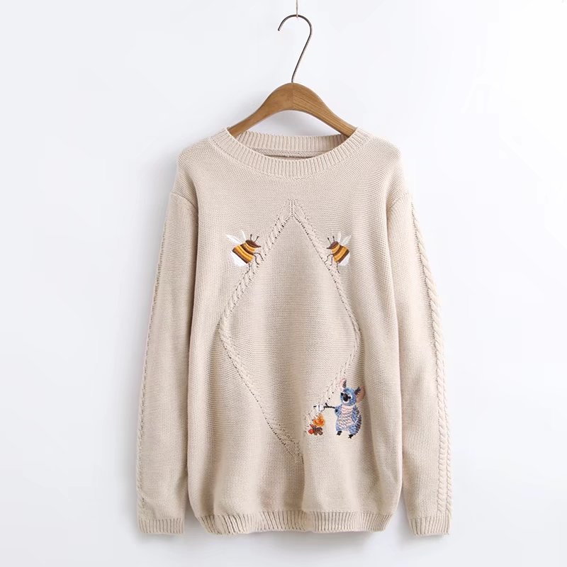 Women Fashion Embroidery Koala Bee Sweet Knitting Loose Pullover Sweater