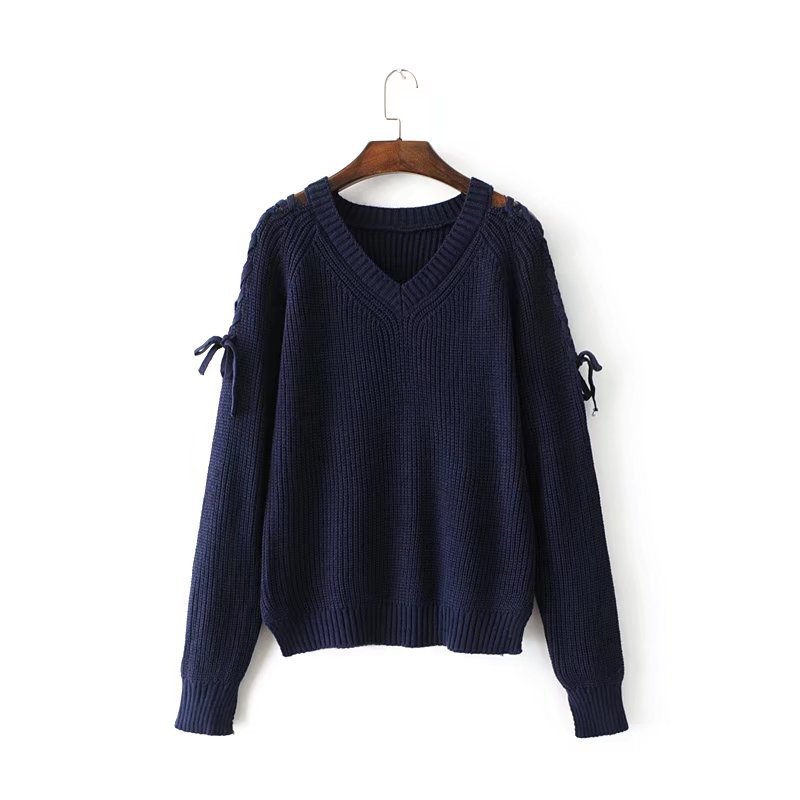 Knitted Plunge V Lace-up Sleeved Sweater