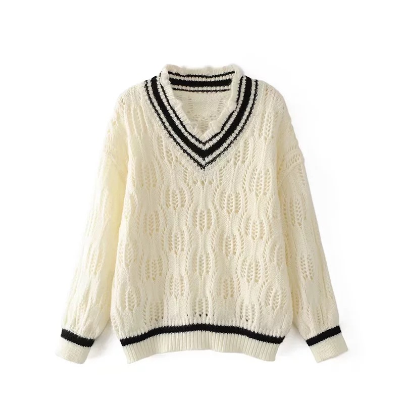 Women Fashion V-neck College Style Hollow Loose Pullover Sweater Tops