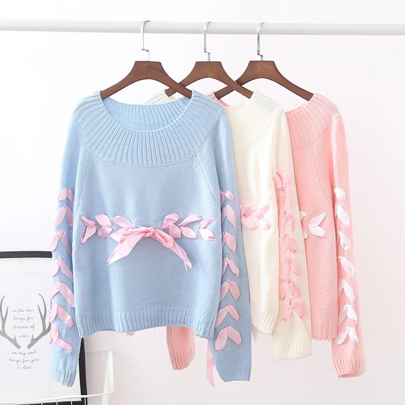 Women Fashion Bow Tie Bandage Round Neck Long Sleeves Knitted Loose Pullover Sweater