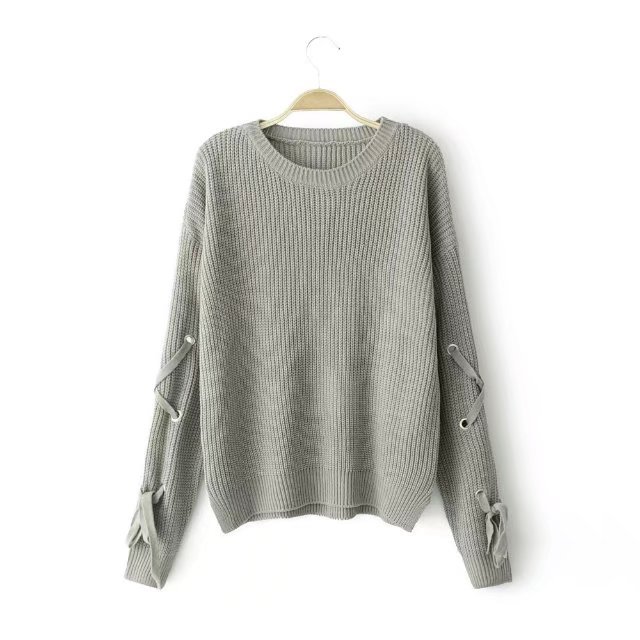 Lace-up Sleeves Knitted Sweater Featuring Crew Neck