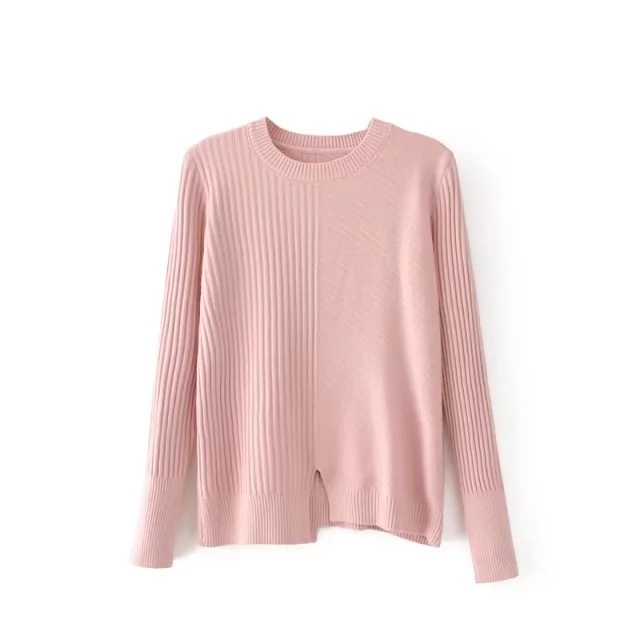 Women's Fashion Irregular Striped Round Neck Knitted Slit Loose Pullover Sweater Tops