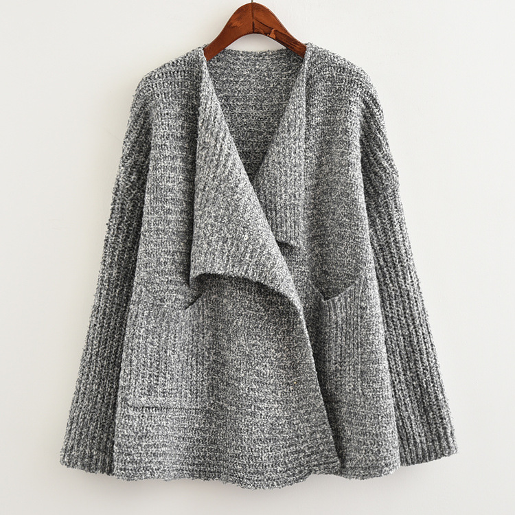 Women Fashion Loose Bat Sleeve Lapel Pocket Knit Cardigan Sweater Coat