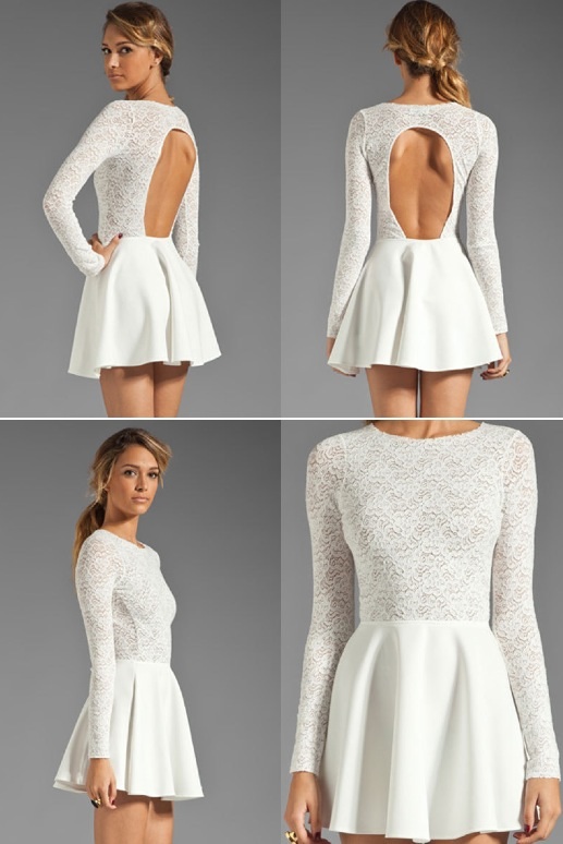 White Lace Fashion Sexy Back Halter Long Sleeved Dress