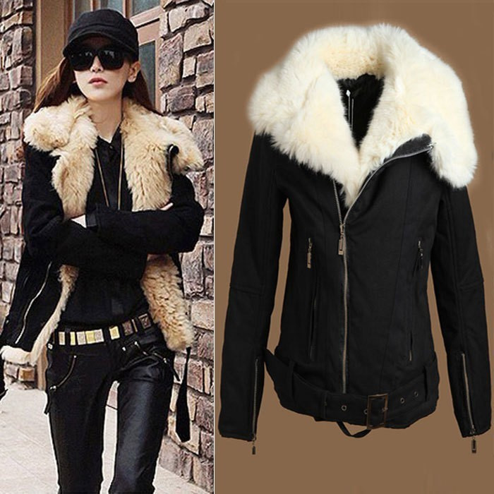 Women's Warm Lush Fur Winter Coat Black Outerwear Jacket Parka