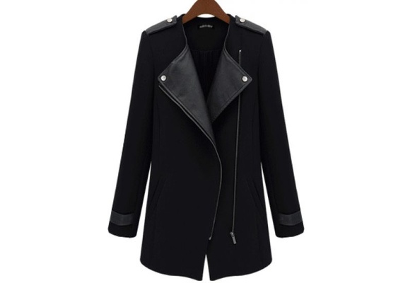 Slim Windbreaker Contrast Pu Leather Trims Oblique Zipper Coat