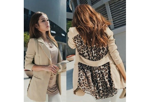 Fashion Womens Casual Leopard Lapel Outwear Coat Jacket Chiffon Suit Blazer
